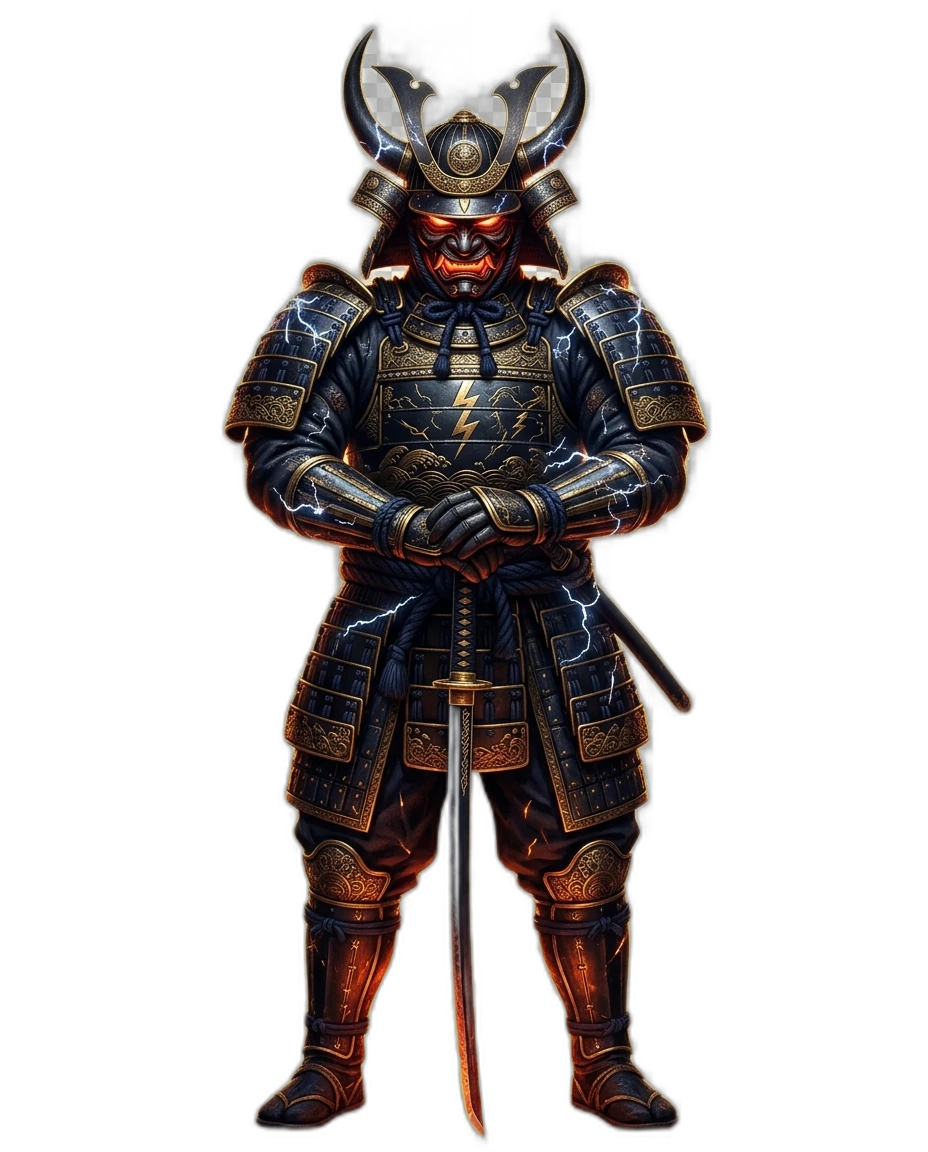Kamirai, the thunder-god samurai, armored and bearing a katana