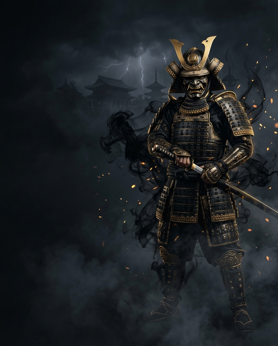 KAMIRAI thunder god samurai in black and gold armor